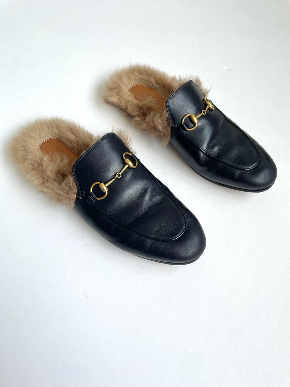 Gucci Princetown Horsebit Fur-Lined Mules, Black Leather Loafers, EU 39 US 9